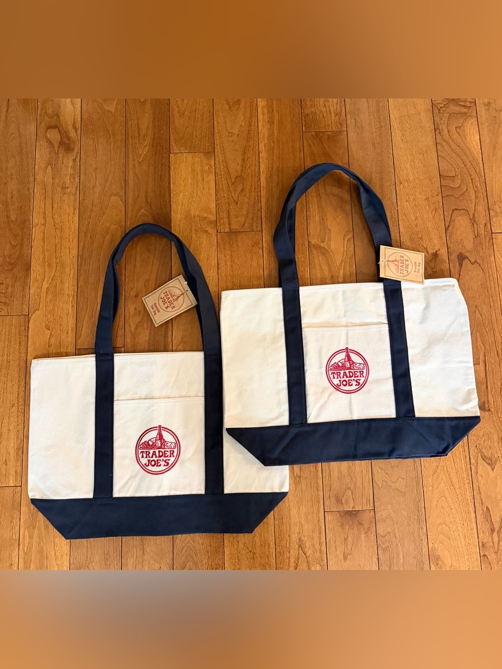 Set of 2 Trader Joes 2026 LARGE CLASSIC NAVY Canvas Shop Tote Bags Brand New